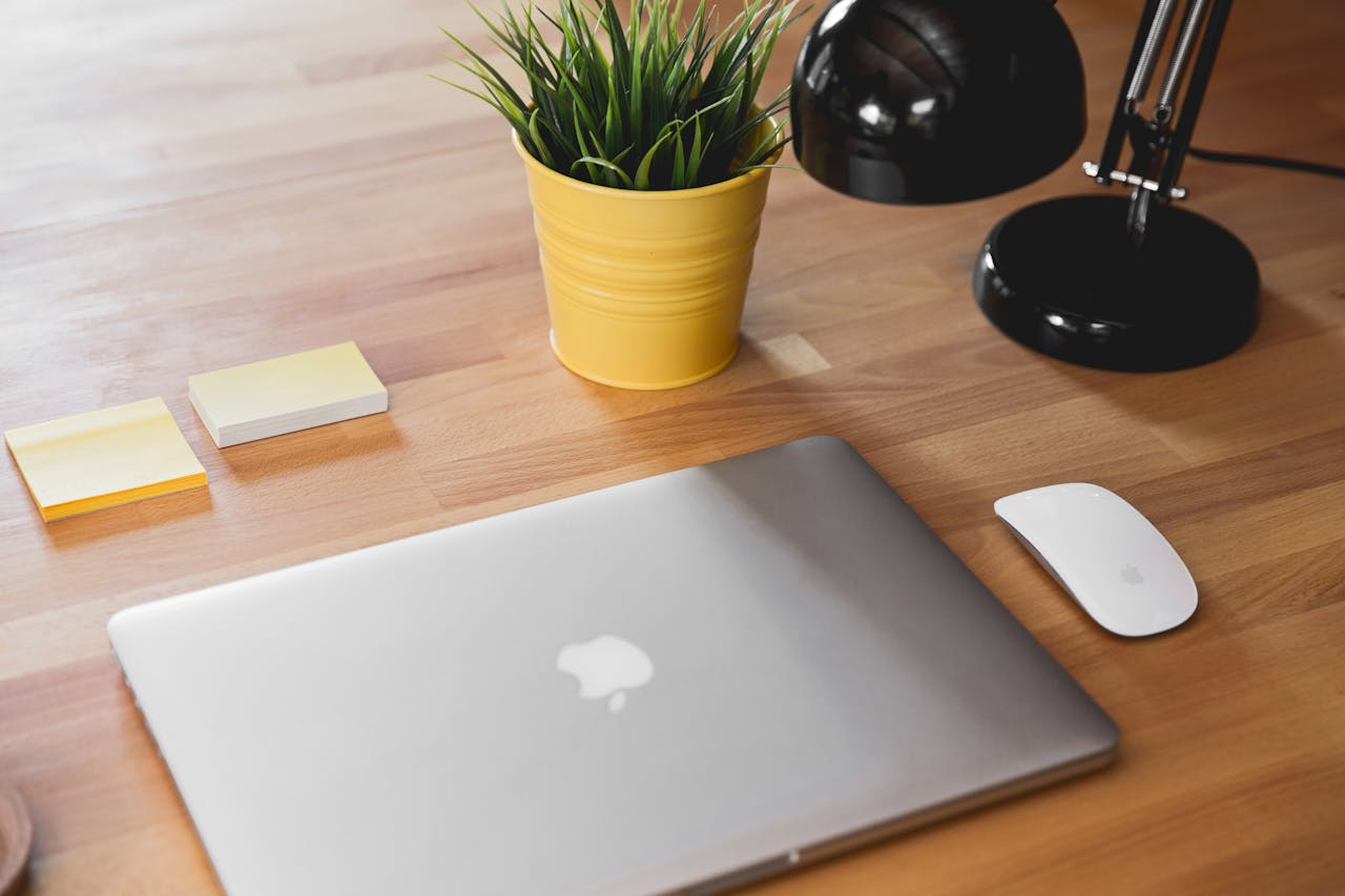 who-we-are-02 A sleek workspace featuring a laptop, plant, and desk lamp on a wooden table.
